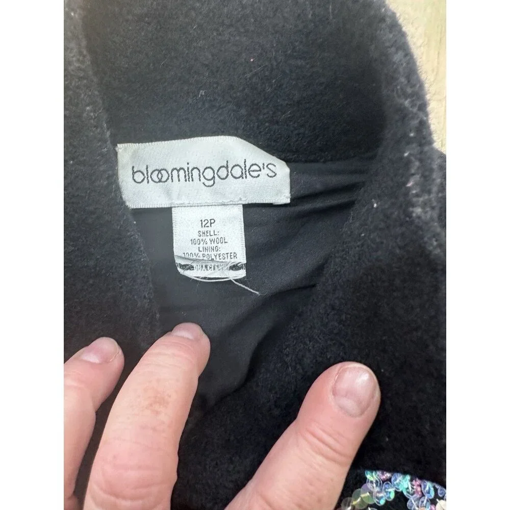 Bloomingdale’s Wool Blazer Coat Sequins Beads 12 Petite Lined Floral‎ Black VTG